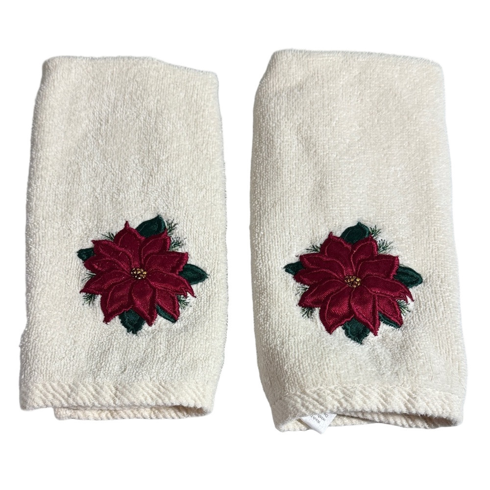 Trim a Home Festive Cream Holiday Hand Towels with Red Poinsettia Design